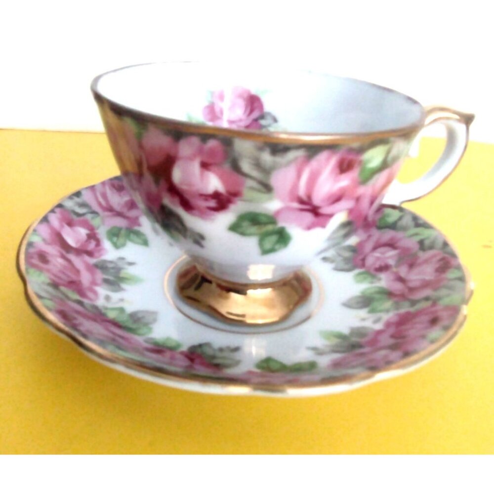 Vintage Shafford Teacup and Saucer Pink Rose with Gold Gilding 1950's